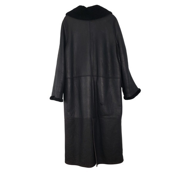 Vintage Patmos Long Leather Shearling Coat Womens Large Black Trench Full Length - Picture 3 of 16
